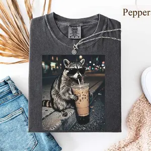 Comfort Colors Funny Raccoon Coffee Shirt, Cute Trash Panda Tee, Coffee Lover Graphic TShirt, Animal Meme Sweatshirt Gift