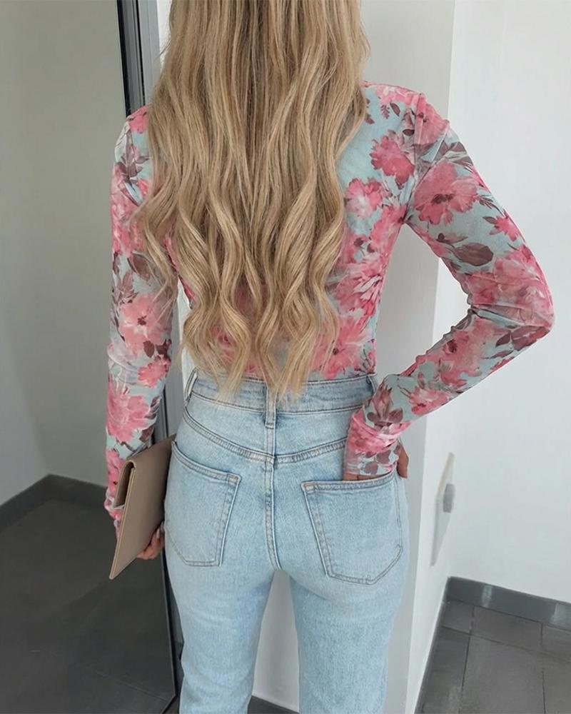 ChicMe Women's Watercolor Floral Print O-neck Long Sleeve Mesh Tee Slim Fit Semi Sheer Layering Top with Thumb Hole Cuffs ChicMe Women's Watercolor Floral Print O-neck Long Sleeve Mesh Tee Slim Fit Semi Sheer Layering Top with Thumb Hole Cuffs