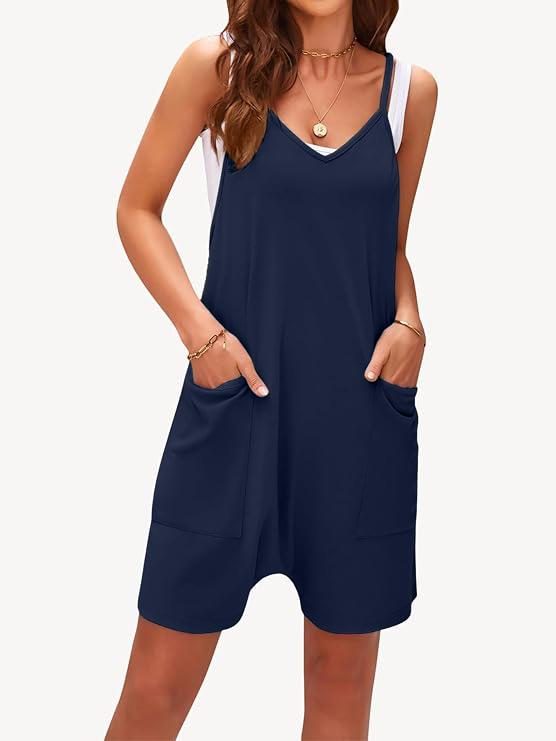 [Limited time deal] Jumpsuits for Women Casual Summer Rompers Sleeveless Loose Spaghetti Strap Shorts Overalls Jumpers with Pockets A948