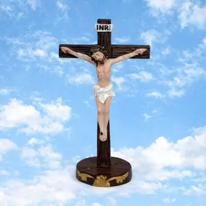 Jesus Christ Statue Home Office Car Decor with INRI Cross and Gold Accents for Religious Decor