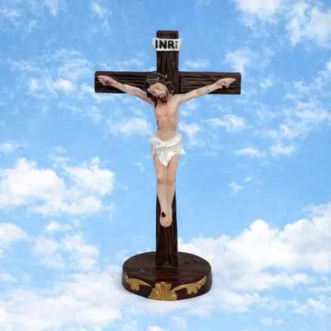 Jesus Christ Statue Home Office Car Decor with INRI Cross and Gold Accents for Religious Decor