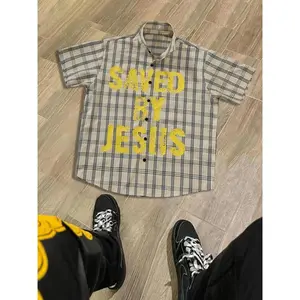 Men's Letter Print Plaid Pattern Shirt, Regular Fit Casual Street Style Short Sleeve Collared Top for Daily Wear, Menswear for All Seasons