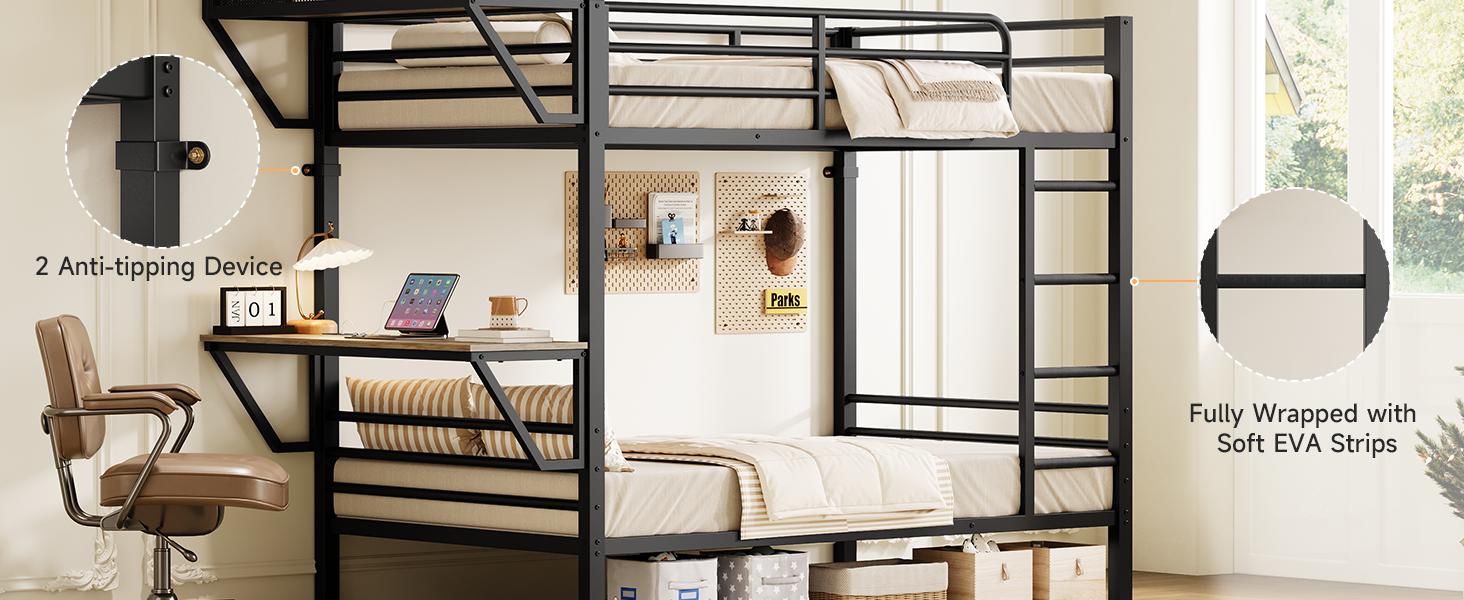 【SPOTLIGHT DAY】ONBRILL Bunk Bed Twin Over Twin, Bunk Beds with Power Desk & Outlet, Metal Bunkbeds Frame with Safety Guardrail & Ladders, Upper Bed with Storage Rack, Heavy-Duty 【SPOTLIGHT DAY】ONBRILL Bunk Bed Twin Over Twin, Bunk Beds with Power Desk & Outlet, Metal Bunkbeds Frame with Safety Guardrail & Ladders, Upper Bed with Storage Rack, Heavy-Duty