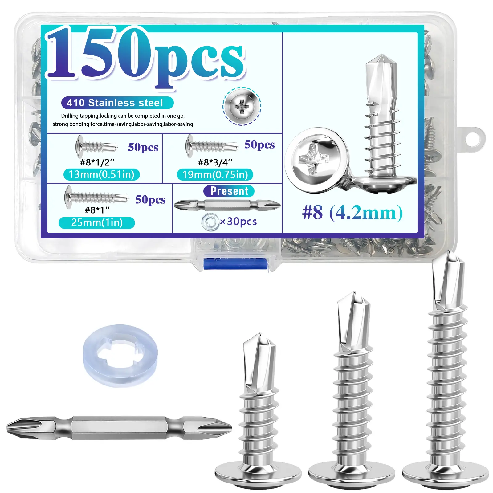 150Pcs Rustproof 410 Stainless Steel #8 TEK Self-Drilling Screws Assortment Kit - 3 Lengths (#8 x 1/2in, 3/4in, 1in), Modified Truss Head Grip Sheet Metal Screws with 1 Bit + 30 Washers for HVAC, Metal Fixing