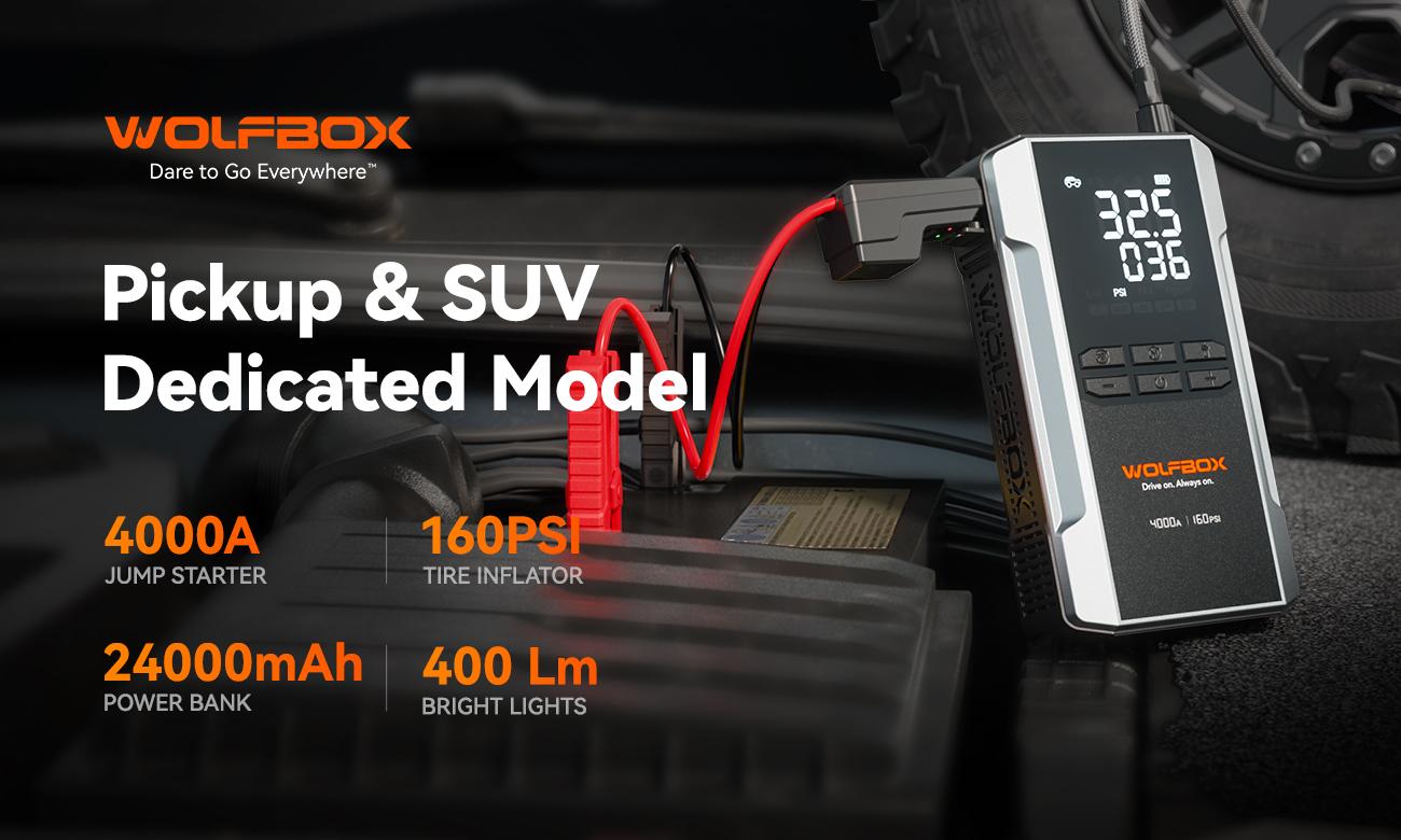 WOLFBOX 4000A Jump Starter with 160PSI Air Compressor, 12V Car Battery Booster, 65W Fast Charge, 88.8Wh Portable Tire Inflator, LED Display for 10L Gas & 10L Diesel Engines, LED Light, Jumper Cables