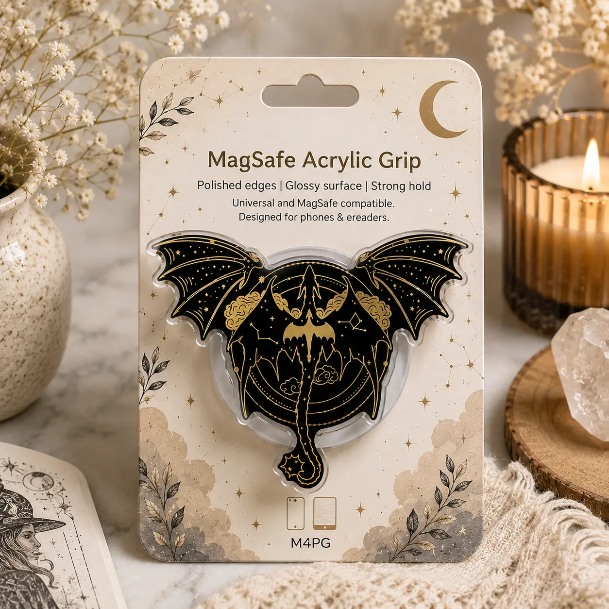Celestial Dragon Phone Grip for MagSafe Black Gold Dragon Phone Holder Fantasy Kindle Grip Mythical Dragon Phone Stand Gothic Gift