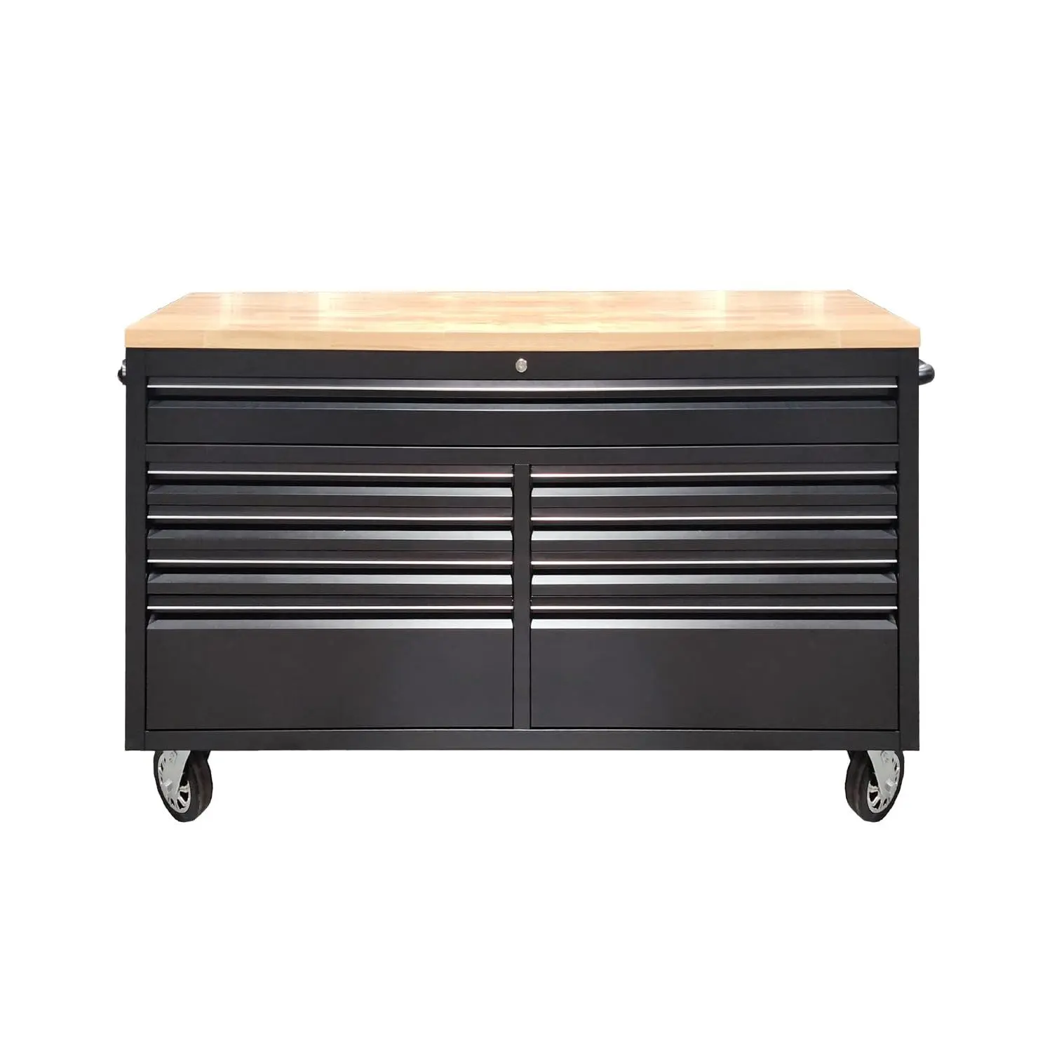 GARVEE 61" Rolling Tool Chest with Rubber Wood Top - 9-Drawer Mobile Workbench, Lockable Metal Storage Cabinet with 4 Heavy-Duty Wheels for Garage Workshops, Black