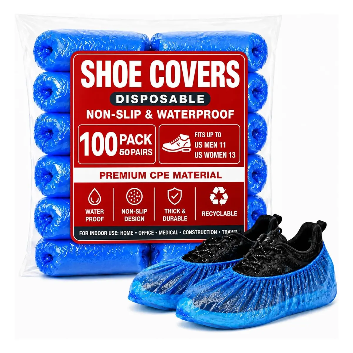 100PCS Disposable Waterproof Non-Slip Plastic Shoe Covers, Universal-Fit Booties for Home Cleaning, Floor Protection
