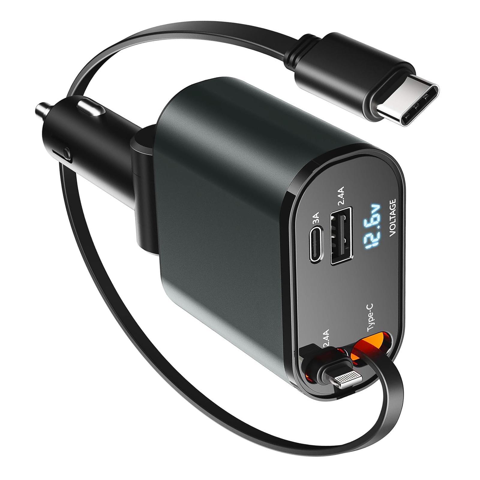 4 in 1 Retractable Car Charger: High-Speed USB C Adapter [Up to 60W] with Lightning Cable and Dual Charging Ports for iPhone 15/14/13 Pro Max , iPad, AirPods, Samsung Galaxy S23/S22/S10