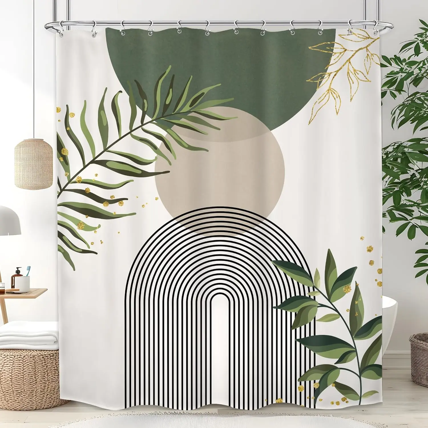 Boho Green Shower Curtain, Sage Bohemian Mid Century Modern Bathroom Curtain, Abstract Gold Leaves Plant Olive Grey Minimalist Bathroom Decor Bath Curtain with Pack Hooks