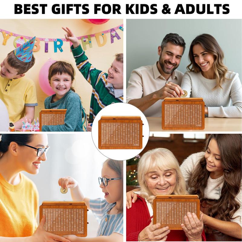 $10000 Larger Size Savings Challenge Box - Cash Vault Wooden Money Savings Box for Adults Kids - Kakeibo Money Bank - Wooden Cash Coin Piggy Bank with Counter and Dry Erase Pen - Brown