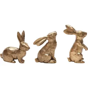 Golden Polyresin Bunny Decor Rabbit Figurines, Easter Bunny Statue Set of 3 for Spring Tabletop Decor