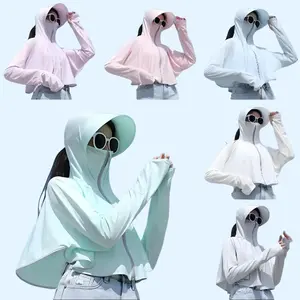 Women Sun Protection Clothing UV Protection Ice Silk Jacket Large Brim Hood Cloak Breathable Loose Cooling Tops