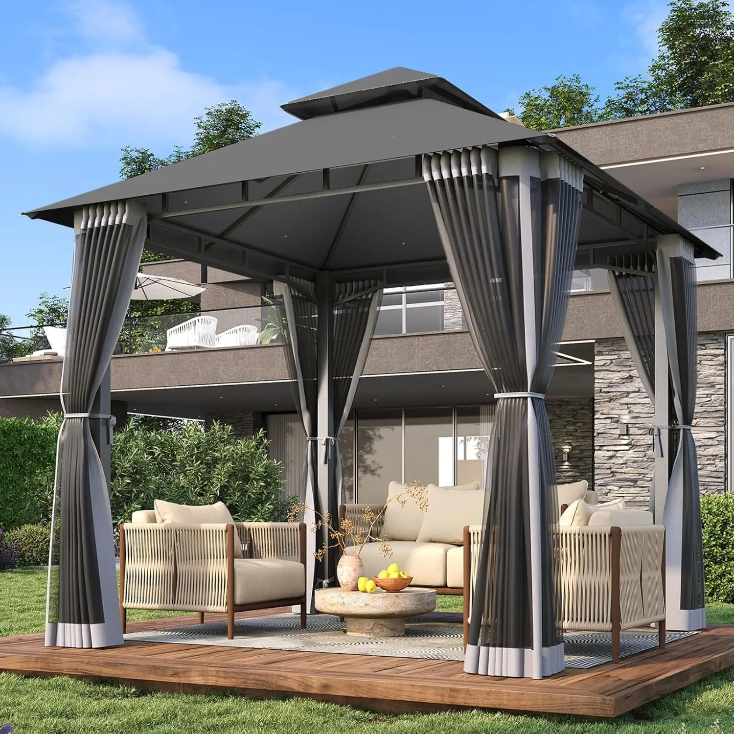 Aoxun 8x8 Metal Frame Gazebo - Heavy-Duty Outdoor Canopy Shelter with Double Roofing, Zipper Mesh Screen Insect Shield, Wind Ropes & Expansion Bolts, Gray Mesh Screen Garden Buildings for Backyard, Gazebo Outdoor Patio