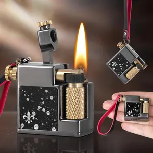 ISUNMEA Vintage Trench Lighter, Compact Keychain Lighter, Kerosene Fluid Refillable Antique Wick Lighters, Soft Flame Flint Wheel Brass Lighters for Men Dad (Black)