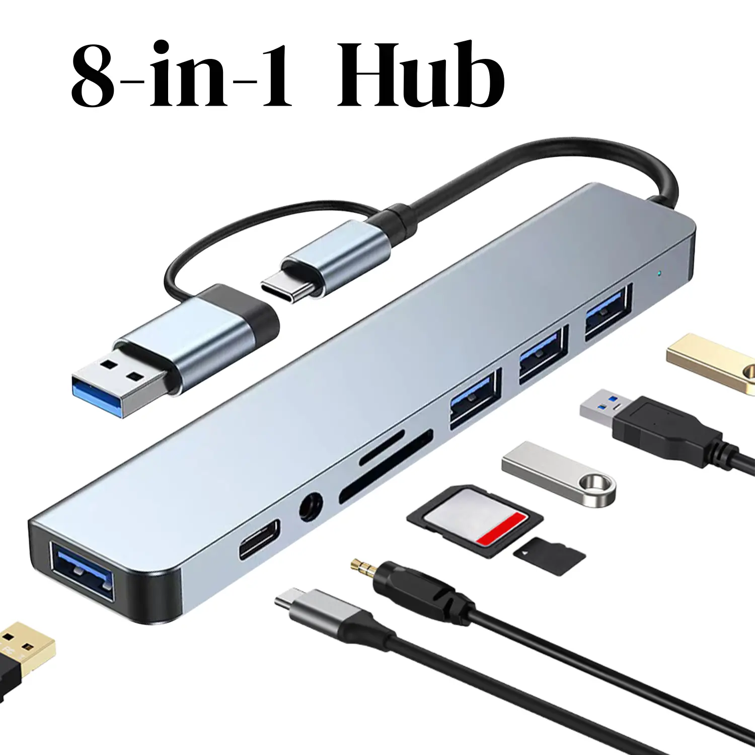 Dual USB Type-C 8-in-1 Hub Expander, 4 USB 3.0 Ports, TF/SD Card Reader, 3.5mm Audio Jack, ABS Material, High Speed Data Transfer for Laptop, Tablet, iPhone, Android Phones, Usb Connector, Usb Port Adapters