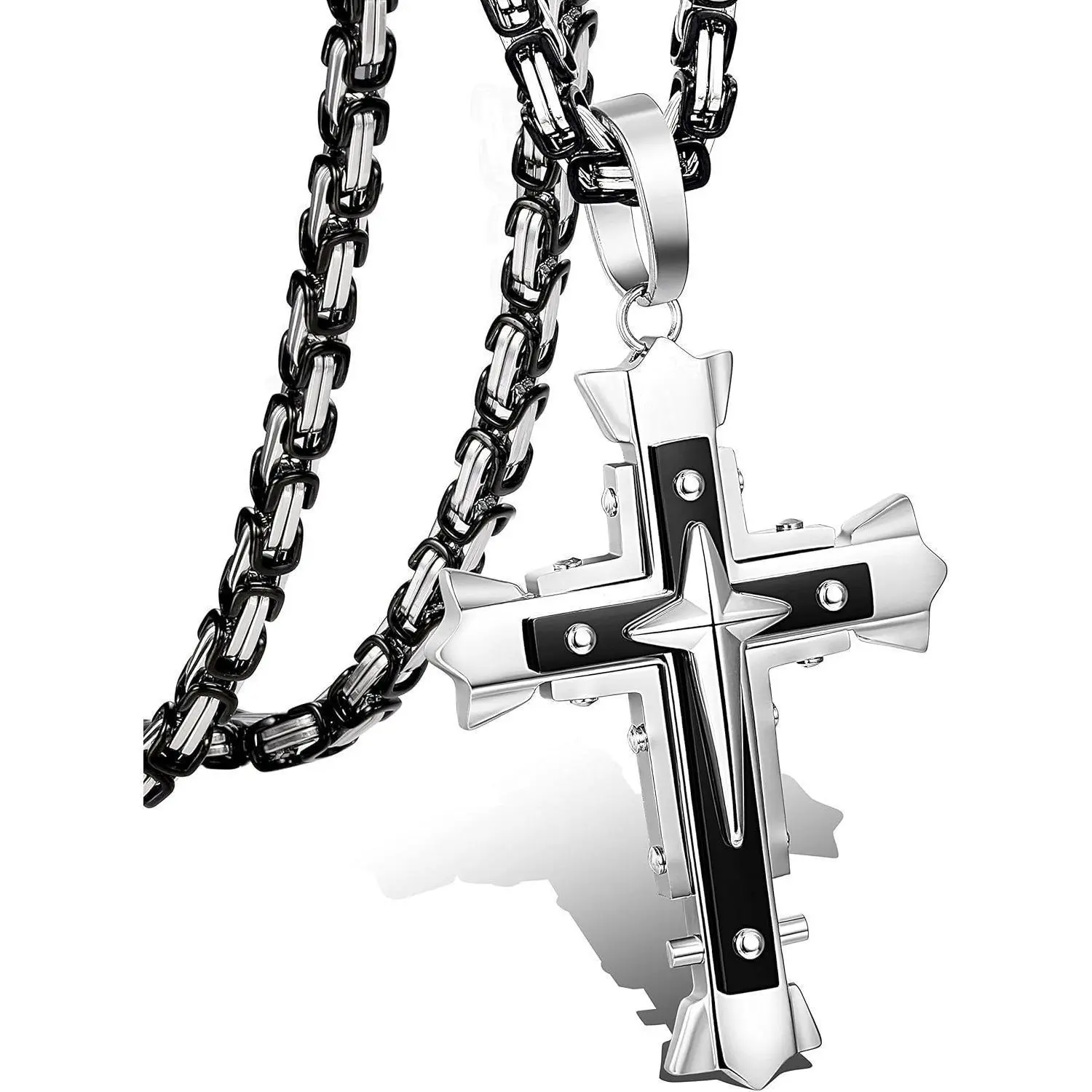 Men's Byzantine Chain Cross Necklace, 5mm Stainless Steel Punk Jewelry for Daily Wear, Adjustable Length 24-30 in, Adjustable Length Necklace, Chains, Men's Jewelry, Cross Design Necklace, Fashion Accessory Necklace