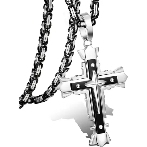 Men's 5mm Stainless Steel Byzantine Chain Grunge Cross Faith Pendant Necklace - Adjustable 24-30in Punk Fashion Jewelry Accessories, Daily Versatile Costume Jewelry Necklace