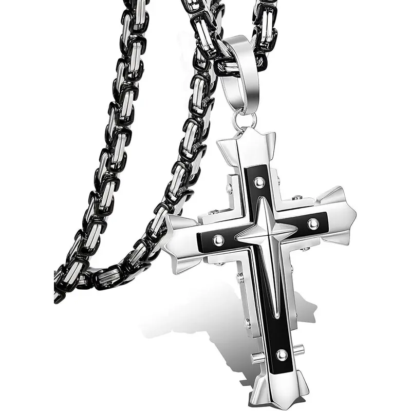 Men's 5mm Stainless Steel Byzantine Chain Grunge Cross Faith Pendant Necklace - Adjustable 24-30in Punk Fashion Jewelry Accessories, Daily Versatile Costume Jewelry Necklace