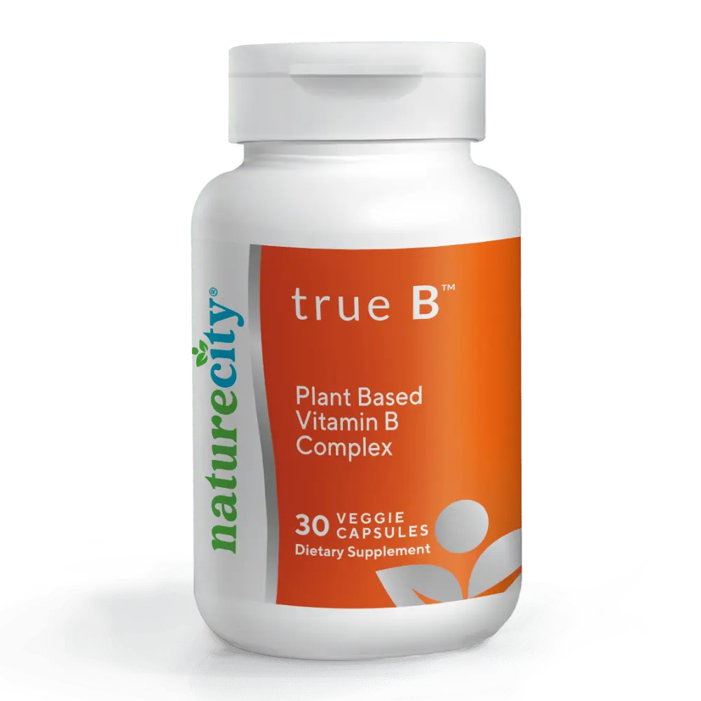 NatureCity TrueB Plant-Based Vitamin B Complex - Energy, Mood, and Brain Health Support - B1, B2, B3, B5, B6, B7, B9, B12 - Vegan, Non-GMO Capsules - 60 Count