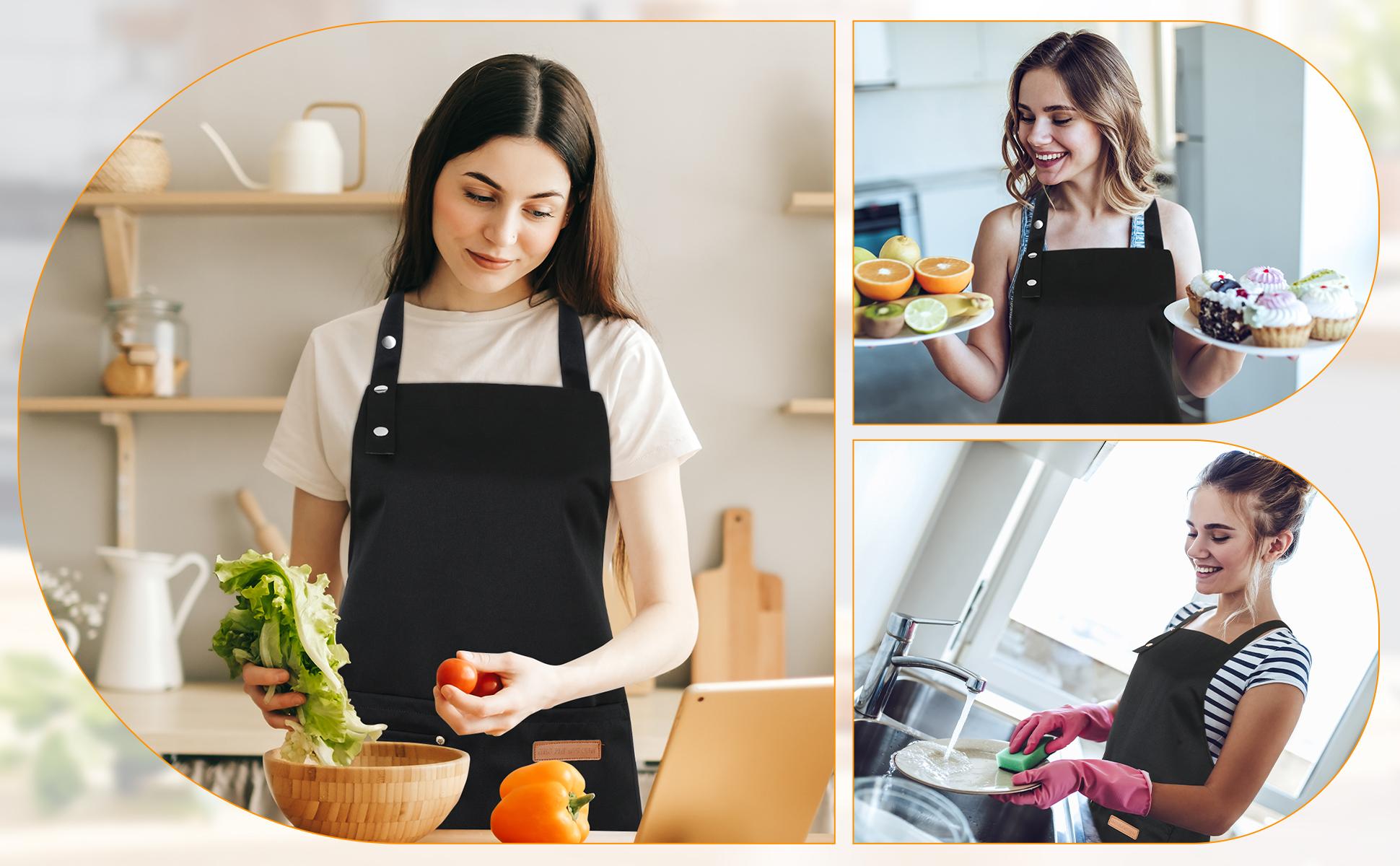 2 Pack Kitchen Aprons for Women Adjustable Cooking Aprons with Pockets Waterproof Chef Aprons in Black Polyester Material 75cm Length 65cm Base Width Practical Pockets & Adjustable Neck professional apron