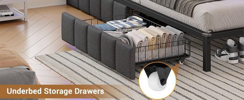 Sikaic LED Daybed with Line Fabric Upholstered Fence and Charging Station Gray Modern Corner Bed Frame with Storage Drawers Kids Bed Unit with LED Light