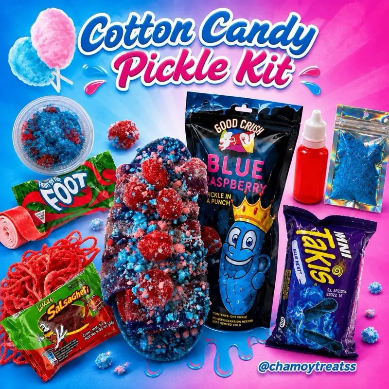 Cotton Candy Pickle Kit w/Blue Razz pickle- 2oz Gushers Candy