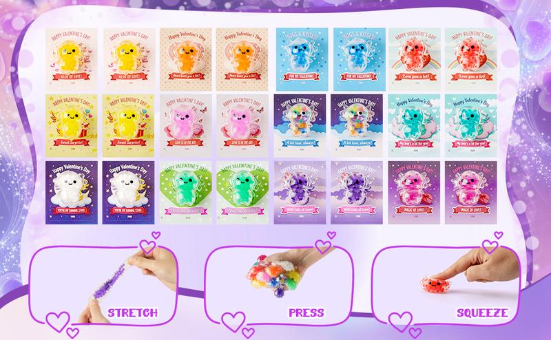 24 Pcs Valentine’s Day Gifts for Kids, Axolotl Stress Ball Fidget Toys with Valentine Cards, Squishy Relief Balls Bulk, School Classroom Exchange Party Favors