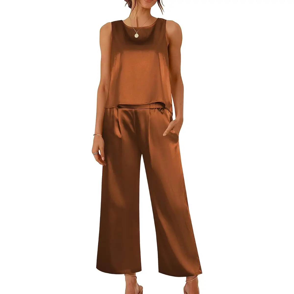 Women's Silk Satin Pajama 2 Piece Outfits Sleeveless Tank Crop Top and Wide Leg Pants Set with Pockets Loungewear Pajama Set pj pants Nightwear