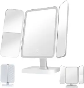 Adjustable LED Light 3 Way Mirror, Portable Trifold Mirror for Shaving, Grooming, Hair Styling, Dye Hair, Makeup, Braiding, 360 Degree Mirror