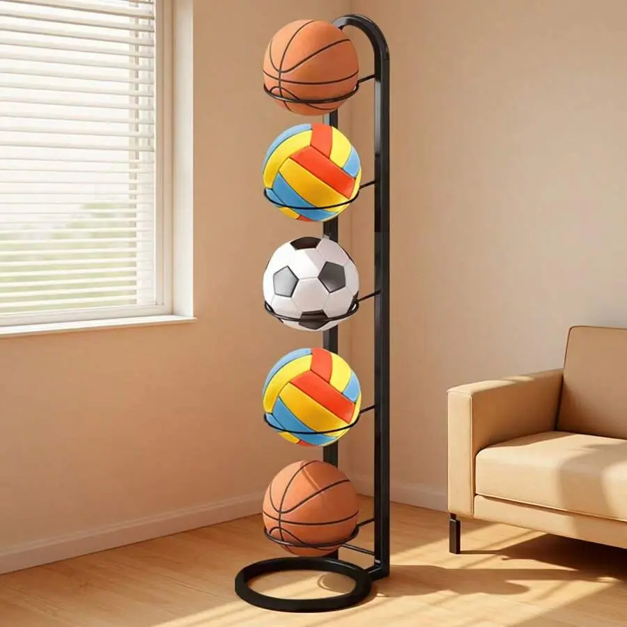 5-Tier Metal Ball Storage Rack, Vertical Organiser for Basketballs, Soccer Balls - Heavy-Duty Display Stand for Home, Garage