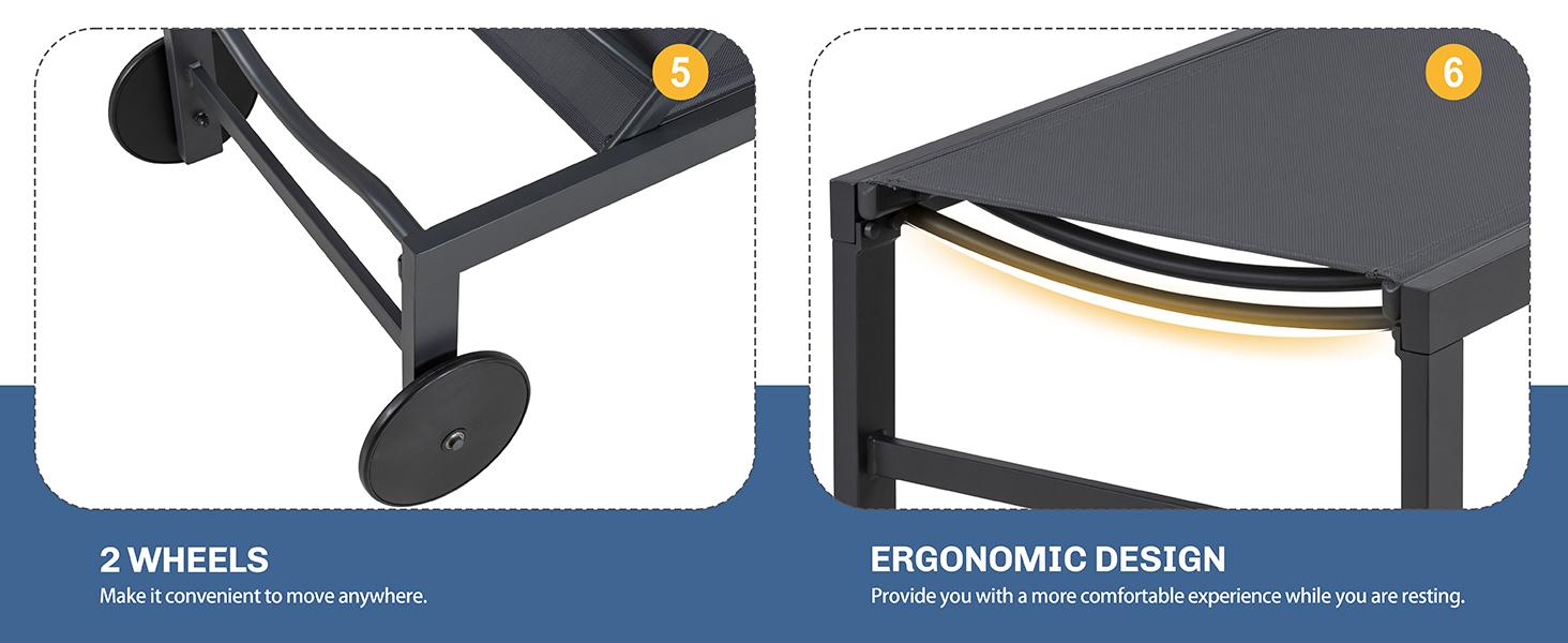 Walsunny Patio Lounge Chairs, Outdoor 2 Pieces Texilene Furniture With Wheels, Ergonomic Design, Folding Adjustable, Black