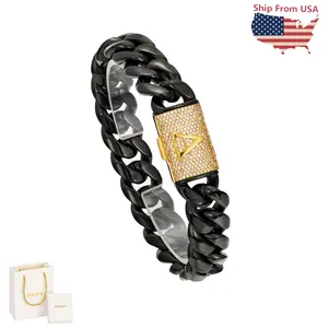 Initial Letter A-Z Cuban Link 14MM Bracelet 18K Gold Plated Black Stainless Steel Miami Thick Buckle Bracelet Hip Hop Jewelry 7.5in 8.5in With Gift Bag