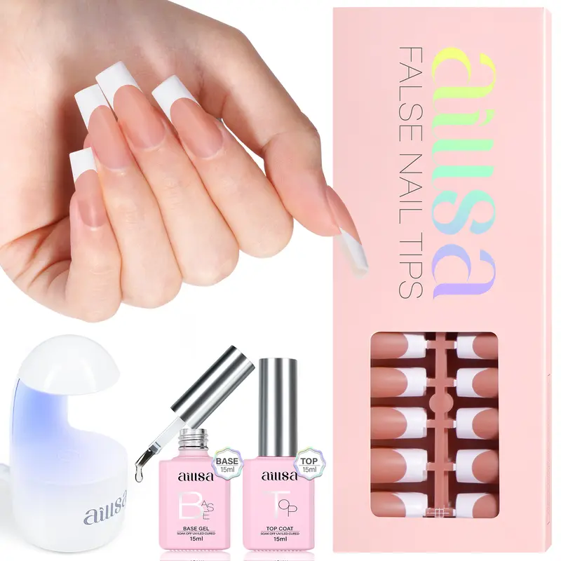 Aillsa Medium Square French Tip Nails Set - 180pcs Soft Gel Nail Tips in 15 sizes, Mini UV Lamp, Base and Top coat, Acrylic Fake Nails Gift For Women nail glue, Nail Tech Supplies, Manicure