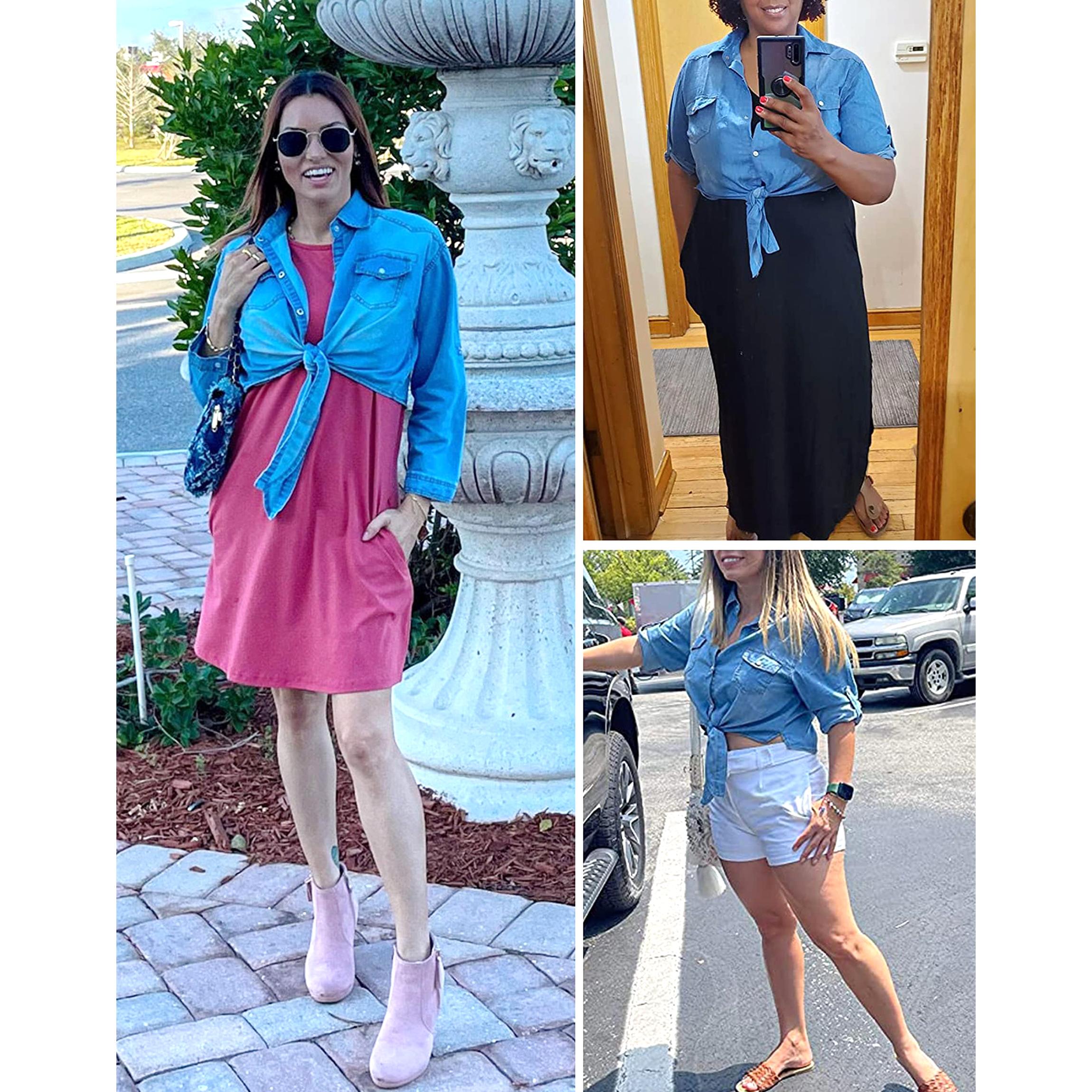 Buenoble Women’s Denim Button-Down Shirt 3/4 Sleeve Cropped Tie Waist Western Shirt Casual Trendy Fashion Top SpringStatements