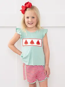 Watermelon Stripes Smocked Cotton Ruffle Outfit