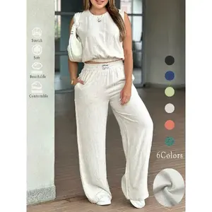 Two-Piece Set Women's Solid Color Tank Top & Wide Leg Pants Set, Casual Fashion Cozy Breathable Two-piece for Daily Outdoor Wear, Ladies Clothes for Summer, Suits