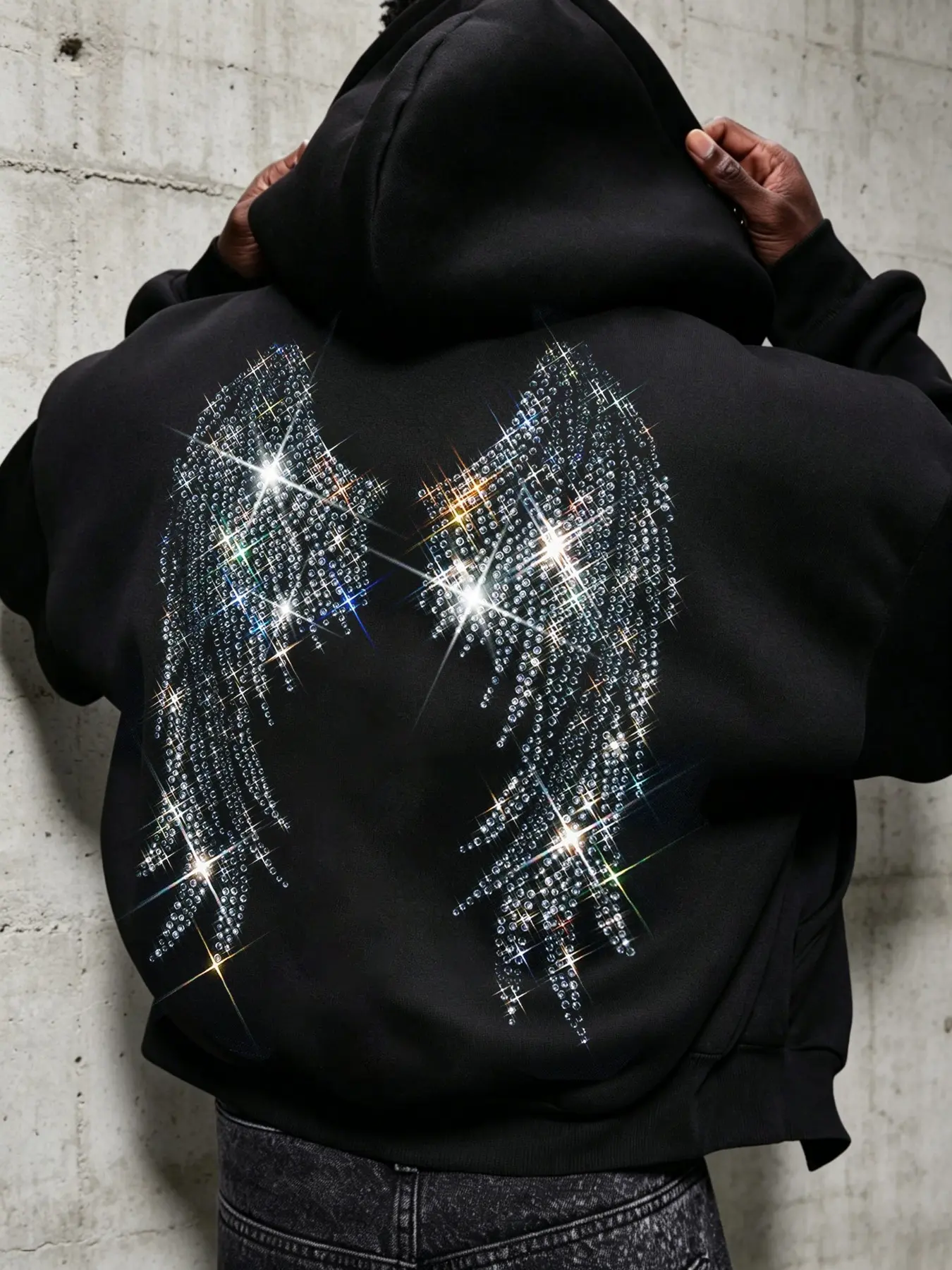 Men's hoodie, Hooded zipper sweatshirt, Long Sleeve, Loose, Casual, zip-up cardigan style, lightweight fabric for transitional seasons, rhinestone embellishment, unique wing pattern on the back, perfect for layering in early autumn and early winter