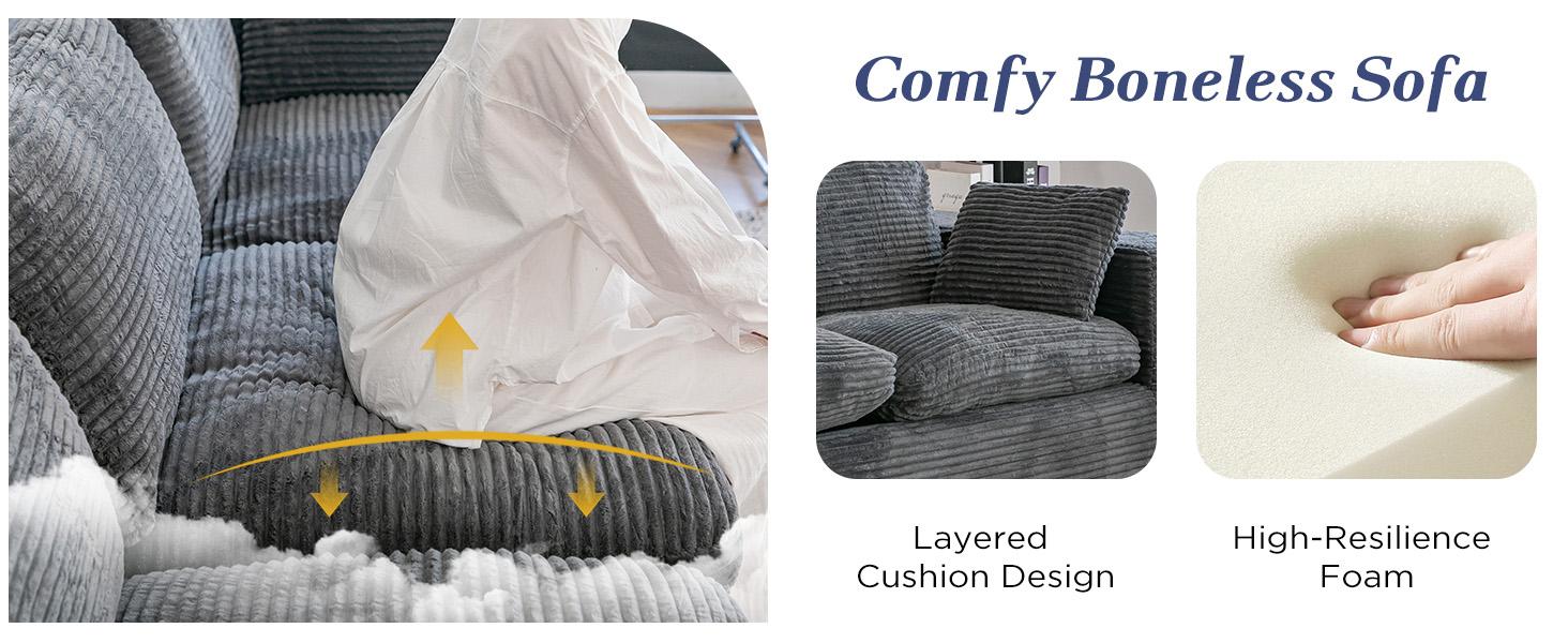 [2 Package Shipping]AECOJOY 110" Cloud Boneless Couch, Compressed Sectional Sofa with Fluffy Seat Cushions Upholstered No Assembly Required, Plush Corduroy Fabric 3-Seater Large Couch for Living Room