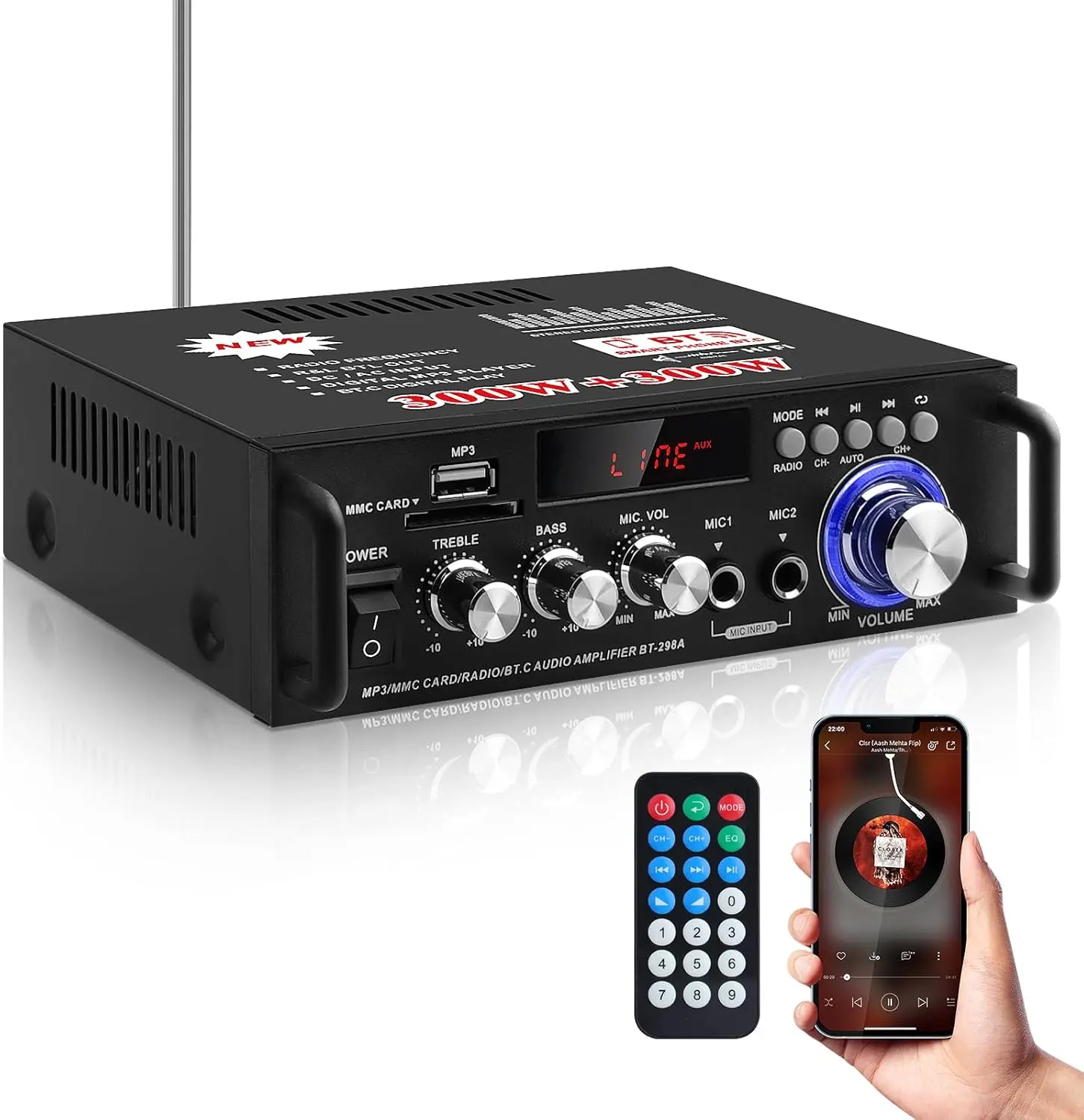 Bluetooth 5.0 Stereo Home Amplifier - 298A Max, Compact Digital Power Receiver, 40W×2 RMS 300W×2 Peak Output, Great Value Remote Control, Bass Treble Adjustment, Digital LED Display, Multi Input for Home Speakers & Parties