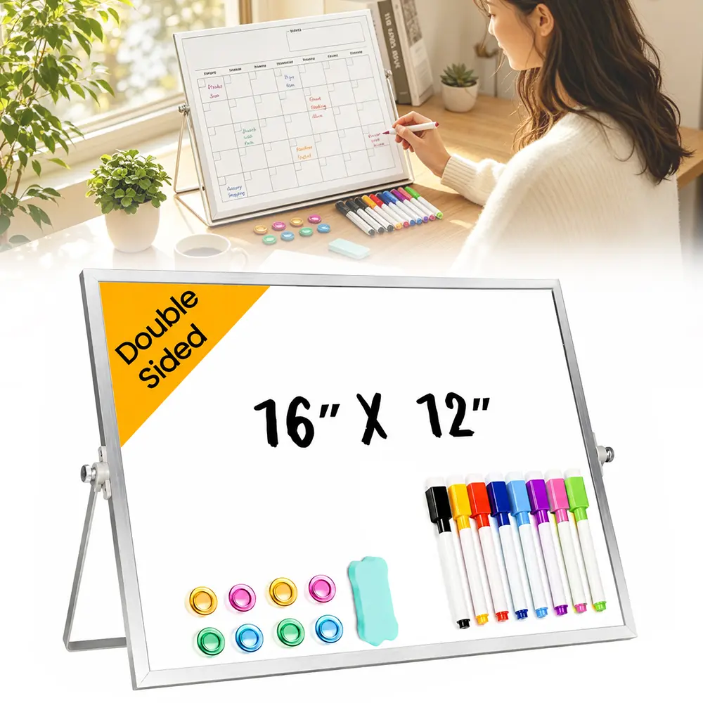 16x12in Calendar-Style Double-Sided Dry Erase Whiteboard with Bracket, 10 Erasable Pens, 10 Magnetic Magnets, Dust-Free Wipe Set, Magnetic Desktop Planning Boards for Home Office Organization, Versatile Use, Easy Maintenance