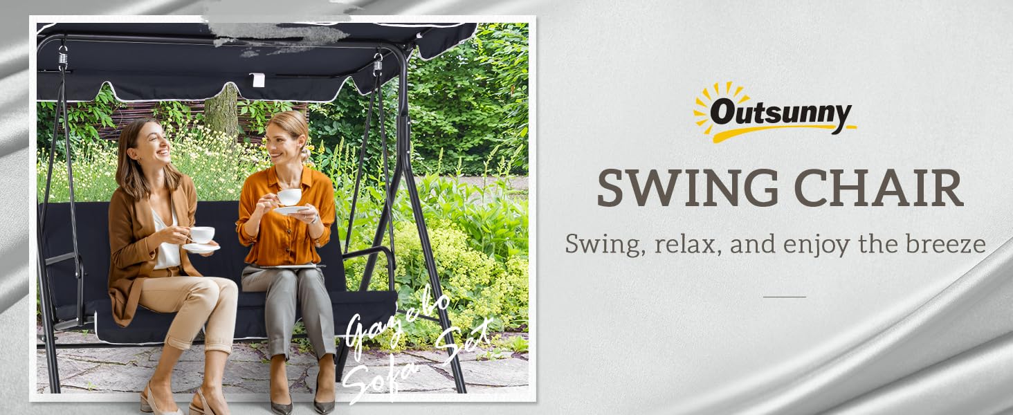Outsunny 3-Seat Outdoor Patio Swing Chair with Removable Cushion, Steel Frame Stand and Adjustable Tilt Canopy for Patio, Garden, Poolside, Balcony, Backyard