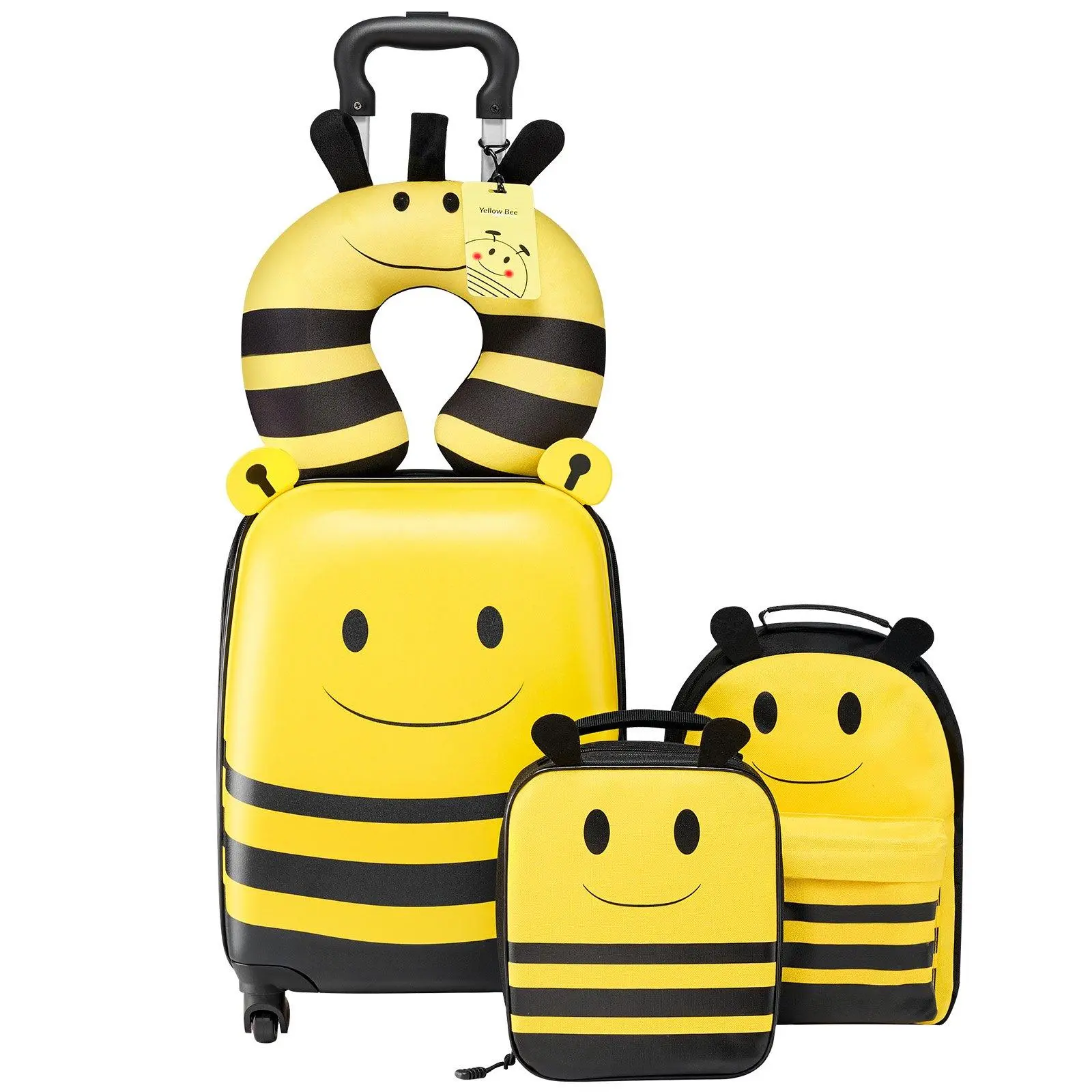 Kids 5-Piece Hardside Luggage Set - 18in Rolling Wheels Suitcase with Backpack & U-Shape Pillow, Airline-Approved Bee-Themed Carry-On, Holiday/Birthday Gift for Kids