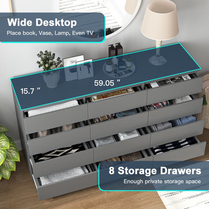 Spaco  Modern 12 Drawer Dresser with Deep Drawer,Storage Wide Chest of Drawer,Wood Bedroom Dresser with Handle-Less Design,TV Dresser for Living Room