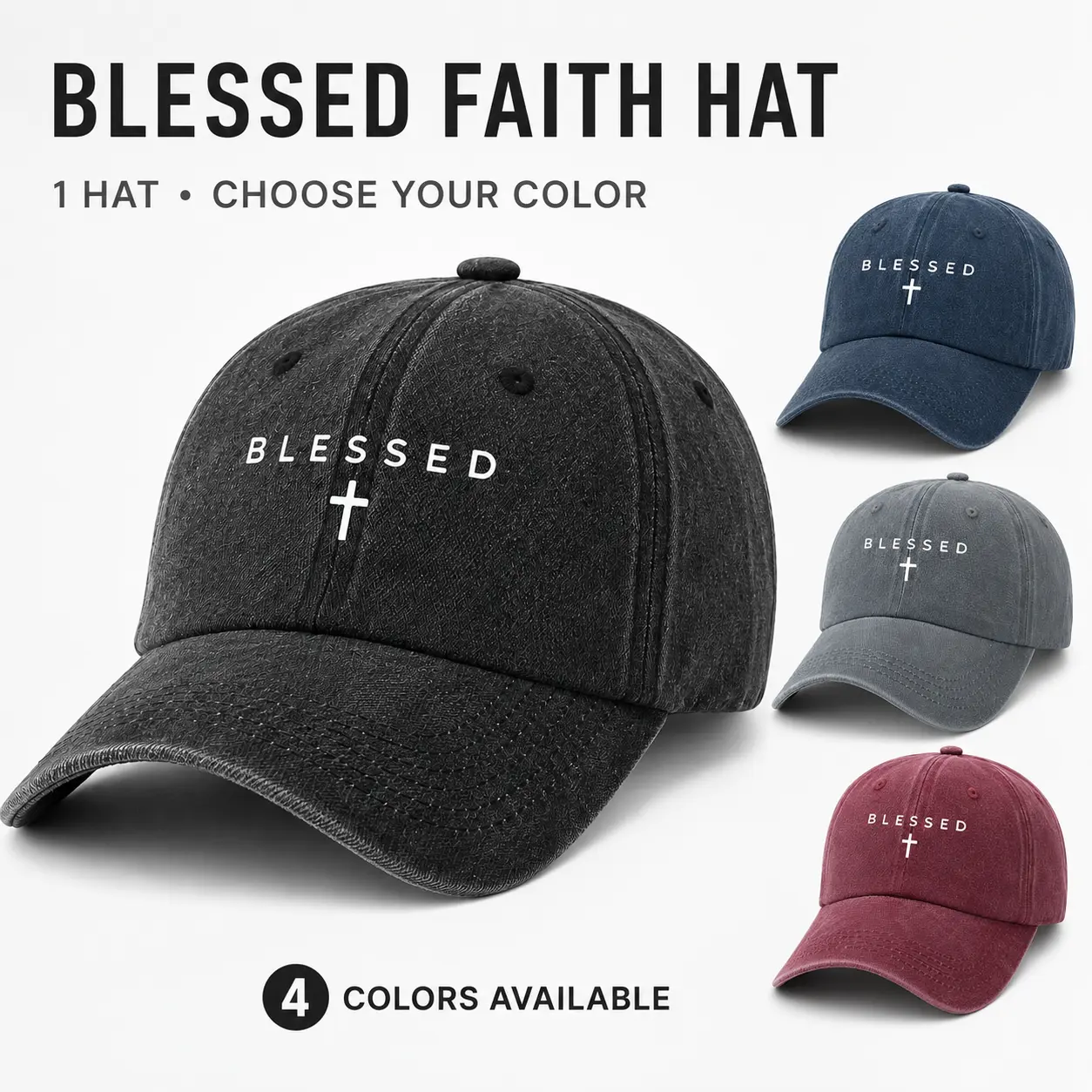 Vintage Washed Denim Baseball Cap, Christian Faith Dad Hat for Women & Men with Blessed Minimalist Text, 1 Size Adjustable Strap for Casual Outings, Cross Print, Denim Fabric