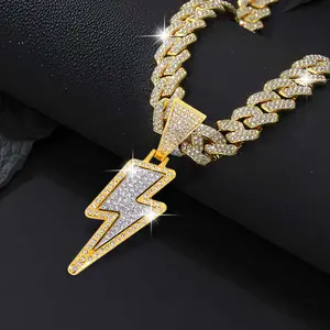 Bling Lightning Bolt Necklace Thick Cuban Link Chain Rapper Hip Hop Costume Jewelry with Sparkly Lightning Charms for Men Women Hip Hop Jewelry