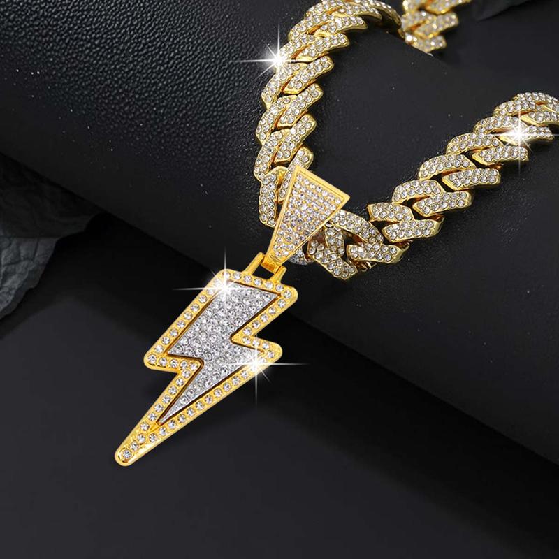 Bling Lightning Bolt Necklace Thick Cuban Link Chain Rapper Hip Hop Costume Jewelry with Sparkly Lightning Charms for Men Women Hip Hop Jewelry