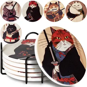 Ninja Cat Coasters Set of 6 – Funny Cat Lover Gift, Ceramic Drink Coasters with Holder, Cute Anime Cat Decor