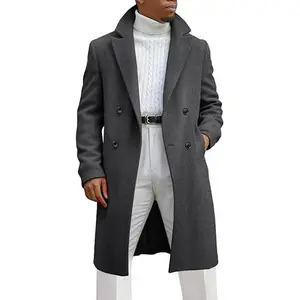 Runcati Mens Trench Coat Notched Lapel Double Breasted Mid Long Pea Coat Casual Fall Winter Classic Overcoat with Four Buttons and Structured Silhouette