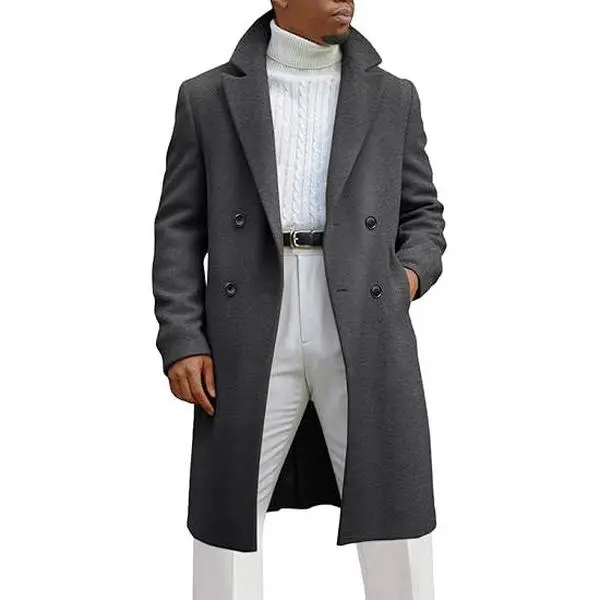 Runcati Mens Trench Coat Notched Lapel Double Breasted Mid Long Pea Coat Casual Fall Winter Classic Overcoat with Four Buttons and Structured Silhouette